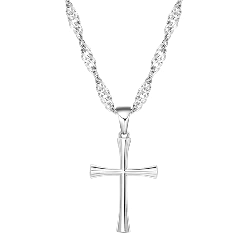 Small Cross Pendant Necklace for Women, 18" + 2" Wave Chain Stainless Steel - color: Silver