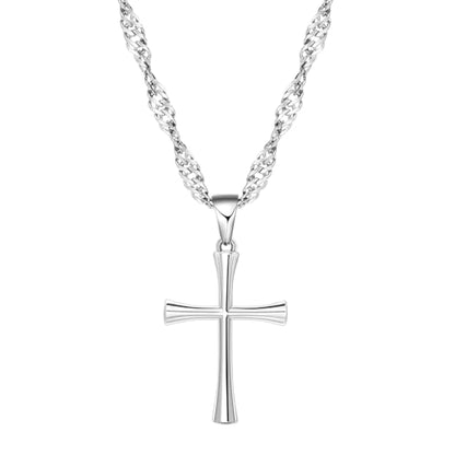 Small Cross Pendant Necklace for Women, 18" + 2" Wave Chain Stainless Steel - color: Silver