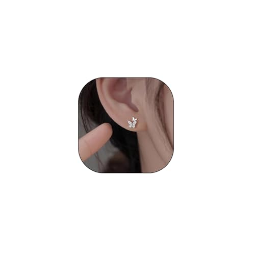 Silver Double Butterfly Crystal Stud Earrings, Dainty Shining Birthstone Birthday Gift Tiny Earrings, Sparkling Zircon Jewelry
