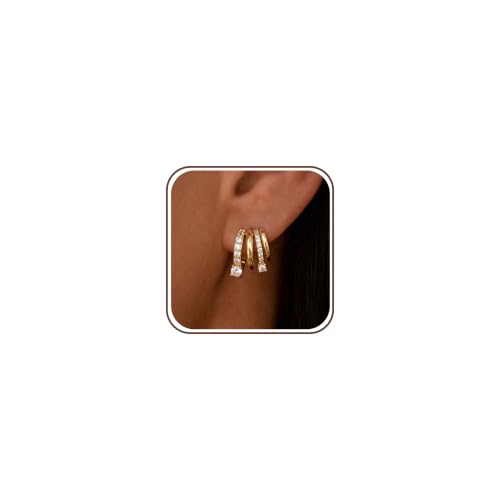 Dangle Gold Earrings for Women Trendy Triple Huggie Chain Earrings 14K Gold Plated Statement Cute Drop Dangle Earrings Dainty Hypoallergenic Chunky Hoop Earrings Fun Earring Stacks Jewelry - color: I-CZ Earrings