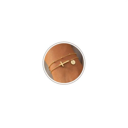 Cross Bracelet Set for Women, 18K Gold Plated Stainless Steel, Minimalist Cross & Initial Letter Charm, Adjustable Layered Bracelets with Gift Box and Inspirational Cards - style: Initial-E