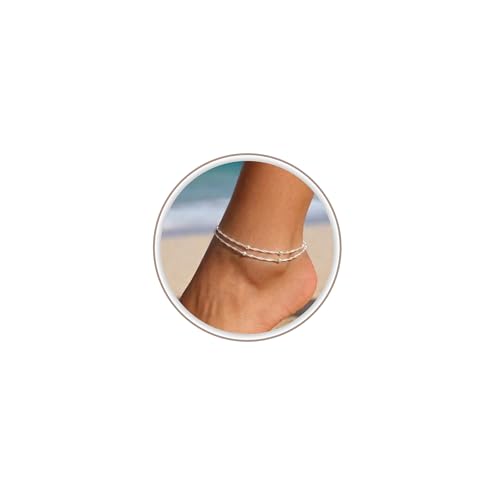 Freekiss Sparkle Glitter Waterproof Ankle Bracelets for Women Trendy | Dainty Layered Anklet for Women Adjustable Womens Anklet Set Stackable Beaded Cuban Link Anklets Beach Jewelry for Women - color: Single Lobster Layered Bead-SL