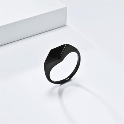 Minimalist Stainless Steel Signet Ring Polished Geometric Flat Top Band Simple Statement Ring for Women and Men - color: Black