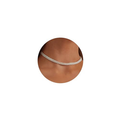 Tennis Necklaces for Women Sparkly Rhinestone Choker Diamond Chain Necklace - style: Silver 2 Row