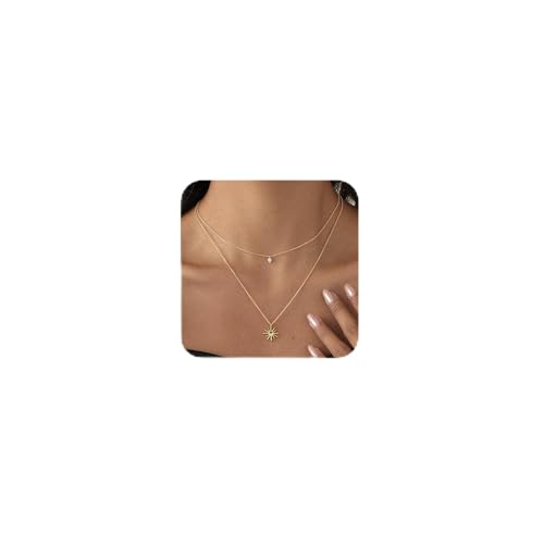 Gold Necklace For Women, Layered 14K Real Gold Plated Necklaces For Women,Dainty Gold Paperclip Chain Tear Circle CZ Pendant Necklace Stack,Trendy Gold Jewelry Set Gifts - style: Layered Diamond CZ Sun Pendant-Gold
