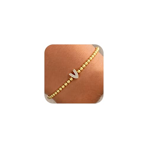 Zircon Initial Bracelet for Women - Never-Fade Personalized Jewelry, Dainty 14K Gold Plated Beaded Bracelets for Women Trendy Letter A-Z Personalized Jewelry Gifts - color: V