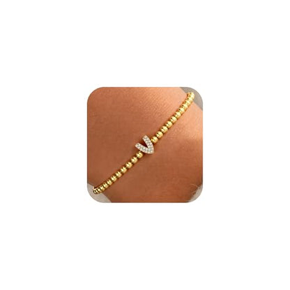 Zircon Initial Bracelet for Women - Never-Fade Personalized Jewelry, Dainty 14K Gold Plated Beaded Bracelets for Women Trendy Letter A-Z Personalized Jewelry Gifts - color: V