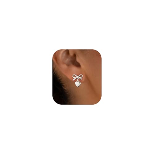 Stud Earrings for Women- 14K Gold/White Gold Plated/Black Bow Dragon Softball Snake Bat Stud Earrings - color: Silver Bow Heart
