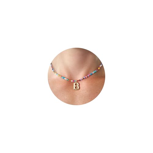 VRIUA Colorful Initial Necklaces for Women – Bubble Letter A-Z Necklace Handmade Beaded Necklace Dainty Initial Necklaces for Girls Kids - Teen Girls Gifts Trendy Jewelry - color: Gold, style: B