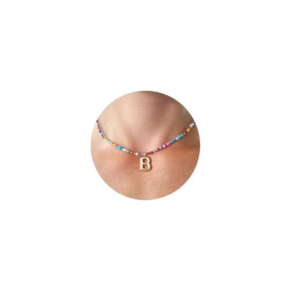 VRIUA Colorful Initial Necklaces for Women – Bubble Letter A-Z Necklace Handmade Beaded Necklace Dainty Initial Necklaces for Girls Kids - Teen Girls Gifts Trendy Jewelry - color: Gold, style: B