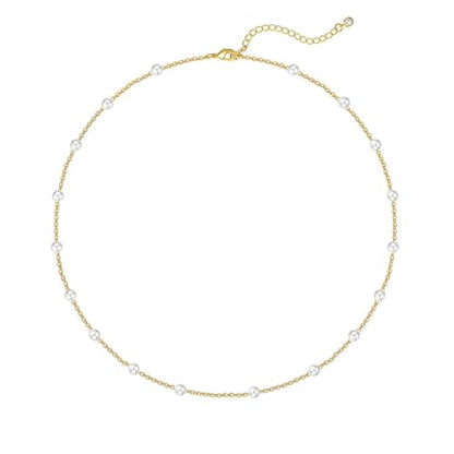 Zeffy Pearl Necklace 4MM/6MM/8MM Dainty Round Imitation Pearl Choker Necklace Wedding Pearl Necklace Delicate Jewelry for Women Simple Bridesmaid Jewelry Gifts - style: 4mm Gold Satellite Pearl Necklace(14"+2")