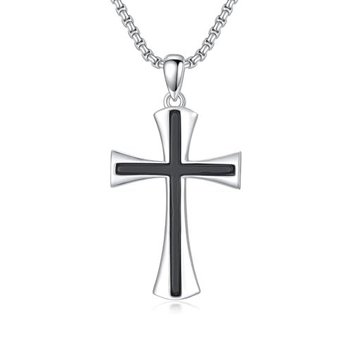 ROMANTICWORK Cross Necklace for Men 925 Sterling Silver Three Nail Cross/Atheist/Anchor/Skull Pendant Christian Protect Jewelry Birthday Gifts for Husband - color: Black Onyx Cross