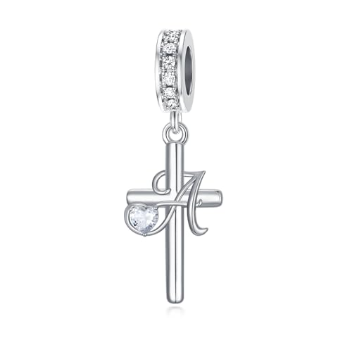 PROESS Initial Cross Charm 925 Sterling Silver Letter A B C Pendant Dangle Charm Beads for Bracelet Initial Cross Jewelry Gifts for Women - style: 1-A