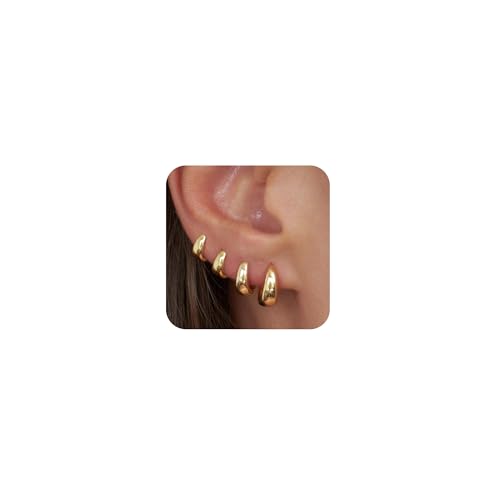 CHESKY 4 Pairs Small Huggie Hoop Earrings for Women - Chunky 14K Gold Plated/Silver Plated Lightweight Earring Stacks Cartilage Hoop Earrings Set for Multiple Piercing Trendy Jewelry - style: 4hoops-gd