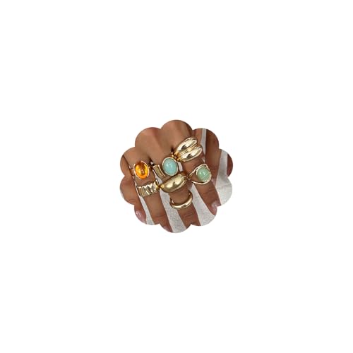 Chunky Gold Gemstone Ring Set for Women Adjustable Stackable Statement Rings Punk Geometric Turquoise Minimalist Jewelry - style: B-Gold