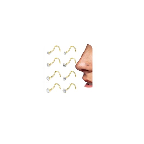 PLOMFOV 8PCS Titanium Nose Rings Studs 20G/18G Corkscrew Nose Ring L Shaped Nose Studs 6A Diamond CZ Silver&Gold Hypoallergenic Nose Piercing Jewelry for Women Men 1.5mm 2mm 2.5mm 3mm - color: 14K Gold, size: 20G-Screw
