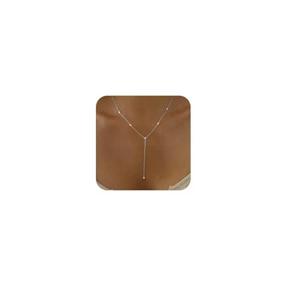 Gold Necklace for Women, Dainty Long Necklace 14k Gold Plated Lariat Long Necklaces for Women Trendy Simple Statement Drop Necklace Fashion Body Chain Prom Jewelry Gold Accessories - color: 7-Silver