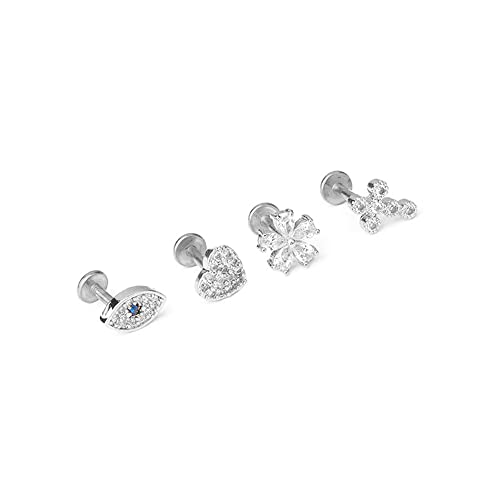 Cross Evil Eye Flower Love Heart CZ 16g Labret Cartilage Tragus Monroe Lip Nose Helix Studs Earrings Stainless Steel Cubic Zirconia Small Tiny Little Piercings Jewelry Gifts for Women Her Birthday Bff - style: silver