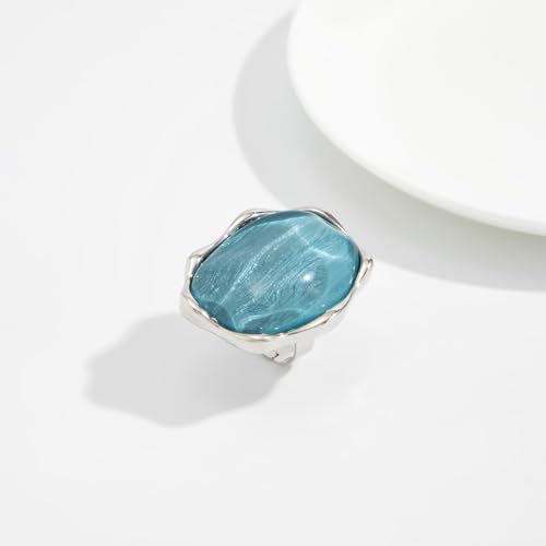 Irregular Large Resin Open Statement Rings for Women Boho Chunky Oval Finger Charm Ring Adjustable Geometric Enamel Teardrop Cocktail Ring Jewelry - color: Blue