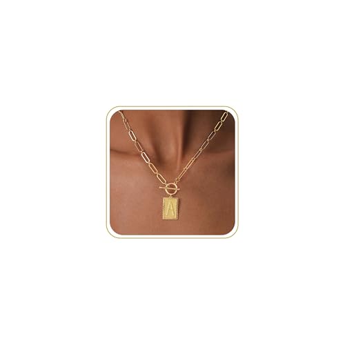 Tewiky Gold Initial Necklaces for Women, Square Letter Pendant Necklace | Toggle Clasp，Trendy 14K Gold Plated Dainty Paperclip Chain Necklaces for Women，Jewelry Gifts - style: Gold A