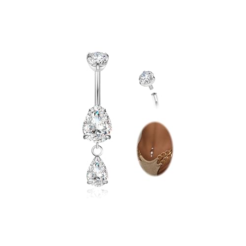 14G G23 Pure Titanium Dangle Belly Button Ring for Women Dangling CZ Navel Ring Teardrop Curved Barbell Belly Rings Internally Threaded Belly Piercing Jewelry - color: Silver