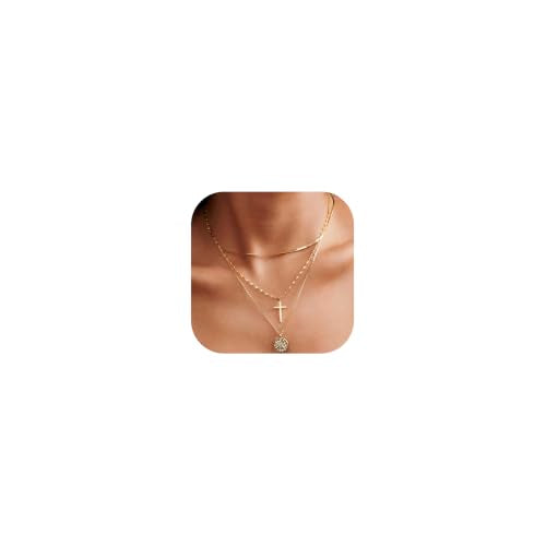 Layered Necklaces for Women Non Tarnish Dainty 14K Gold Plated Snake Chain | Cross & Disc Pendant Stack Choker Necklace, Trendy Minimalist Waterproof Faith Jewelry Set