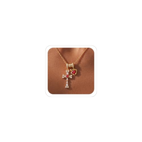 Cross Heart Necklace for Women, Elegant Red Gemstone Pendant Jewelry, Non Tarnish Hypoallergenic Necklace, Dainty Everyday Layering Chain for Her, Birthday Anniversary Graduation Gifts - color: Gold