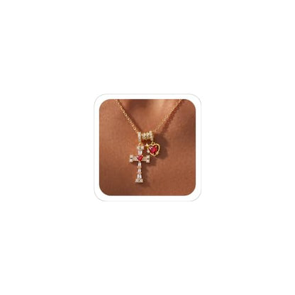 Cross Heart Necklace for Women, Elegant Red Gemstone Pendant Jewelry, Non Tarnish Hypoallergenic Necklace, Dainty Everyday Layering Chain for Her, Birthday Anniversary Graduation Gifts - color: Gold