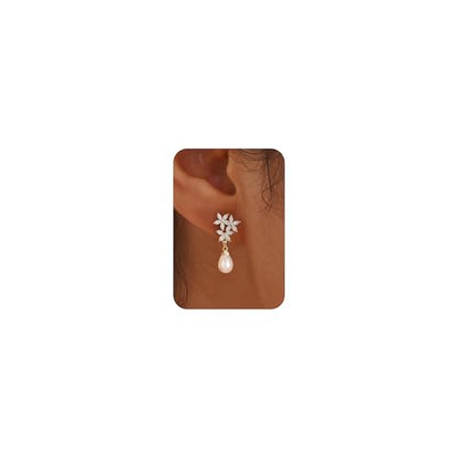 Plenky Pearl Earrings-14K Gold Plated Dainty Pearl Drop Simple Wedding CZ Dangle Dangling Cute Stud Earrings for Brides Earrings for Women Gifts - style: CZ flowers Pearl Earrings