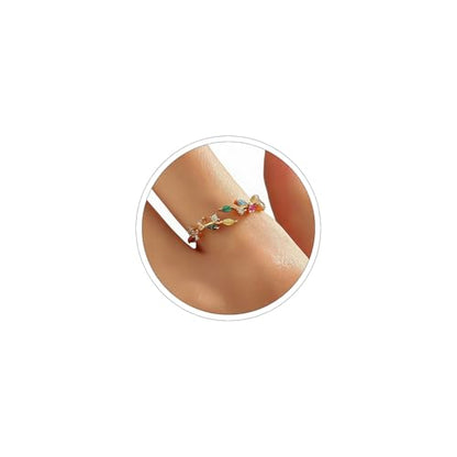 Gold Rings Non Tarnish Silver Adjustable Rings for Women Cubic Zirconia Leaf Ring Dainty Silver Stackable Ring for Women - style: colorful