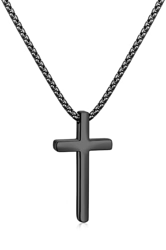 Fiusem Cross Necklace for Men, Stainless Steel Cross Pendant Jewelry Gift | Silver/Gold/Black Mens Cross Necklaces with 2.5mm Cross Chain, Box Chain 16-28 Inch - size: 20.0 Inches, style: Small Black cross: 1.2" * 0.7"