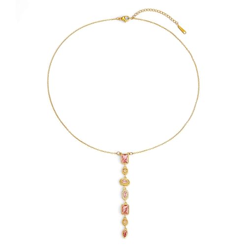 18K Gold Plated Seven Chakra Necklace for Women, Dainty Y Necklace Lariat Drop Pendant, Crystal Healing Yoga Jewelry Gifts - color: Gold Pink
