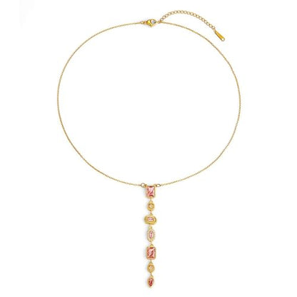 18K Gold Plated Seven Chakra Necklace for Women, Dainty Y Necklace Lariat Drop Pendant, Crystal Healing Yoga Jewelry Gifts - color: Gold Pink
