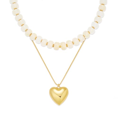 YUJIE Chunky Heart Pendant Necklace for Women- Exaggerated Statement Puff Heart Necklace with Acrylic Beaded Chain - color: B-WHITE