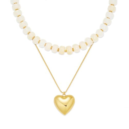 YUJIE Chunky Heart Pendant Necklace for Women- Exaggerated Statement Puff Heart Necklace with Acrylic Beaded Chain - color: B-WHITE