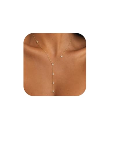 14K Gold Plated Lariat Necklace for Women, Dainty Star Drop Long Necklaces CZ Y-Shaped Pendant Necklaces for Women Trendy Jewelry - color: star