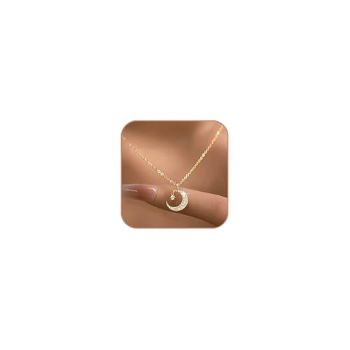 925 Sterling Silver Dainty Crescent Moon Necklace for Women | 14K Gold Plated White Cubic Zirconia Moon and Star Pendant Choker Necklace to Daughter Mother Trendy Wedding Jewelry Gifts - color: Gold