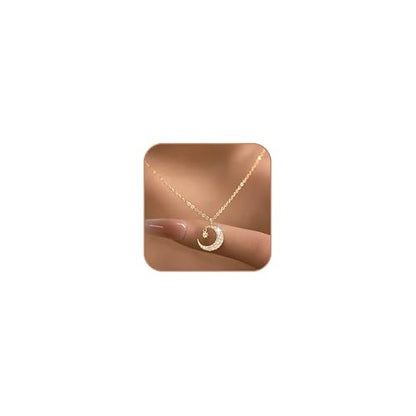 925 Sterling Silver Dainty Crescent Moon Necklace for Women | 14K Gold Plated White Cubic Zirconia Moon and Star Pendant Choker Necklace to Daughter Mother Trendy Wedding Jewelry Gifts - color: Gold