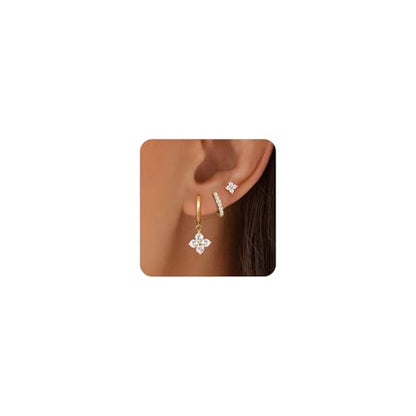 Surgical Steel Small Stud Clover Drop Dangle Huggie Hoop CZ Stud Earrings - color: A-GOLD