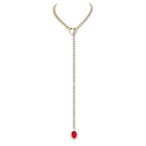 Women's Heart O-Ring Slip Chain Necklace, Double Layered Adjustable 39'' Cuban Chain with Detachable Heart Clasp and Colorful Rhinestone Pendant - color: 25'' Gold-Royal Red