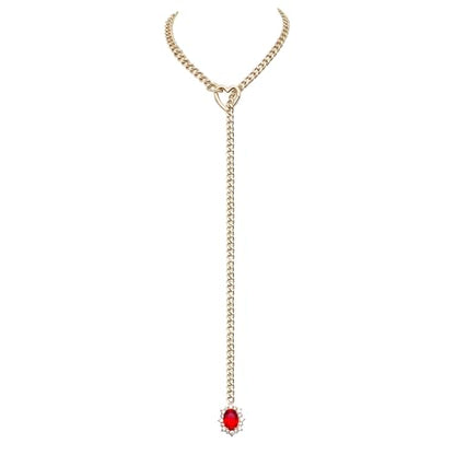Women's Heart O-Ring Slip Chain Necklace, Double Layered Adjustable 39'' Cuban Chain with Detachable Heart Clasp and Colorful Rhinestone Pendant - color: 25'' Gold-Royal Red
