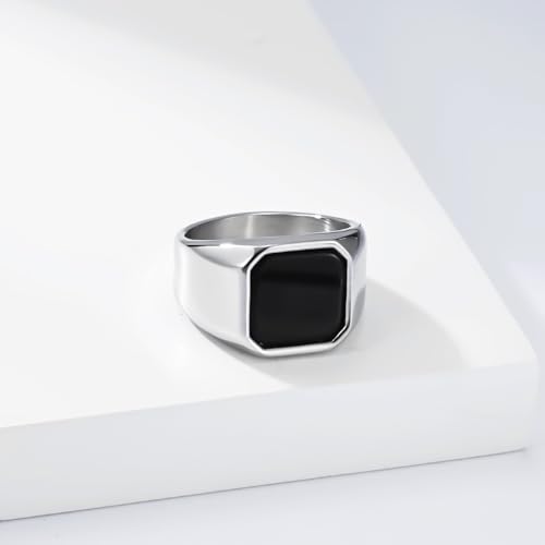 Kemstone Square Signet Ring for Men,Stainless Steel Lapis Lazuli Black Stone Flat Top Geometric Face Silver Gold - color: Silver (Black stone), size: 11#