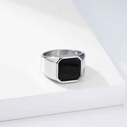 Kemstone Square Signet Ring for Men,Stainless Steel Lapis Lazuli Black Stone Flat Top Geometric Face Silver Gold - color: Silver (Black stone), size: 10#