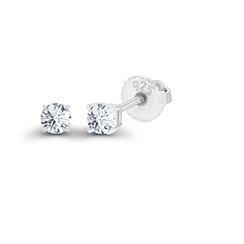 14K Gold Plated 925 Sterling Silver Hypoallergenic 3mm Round Genuine Birthstone Solitaire Screwback Stud Earrings - color: White Sapphire Created