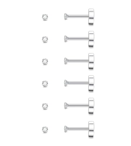 20G Hypoallergenic Surgical Steel Square Pearl Ball CZ Flat Back Stud Earrings for Sensitive Ear, Lightweight Shiny Earrings Studs for Helix Tragus Cartilage Multiple Piercing - color: Silver-G