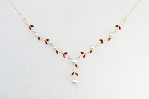 Faship Genuine Freshwater Pearls Floral Necklace Earrings Set | Premium CZ Crystal, Gorgeous, Sparkling - color: Red/Gold Plated