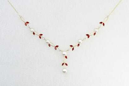 Faship Genuine Freshwater Pearls Floral Necklace Earrings Set | Premium CZ Crystal, Gorgeous, Sparkling - color: Red/Gold Plated