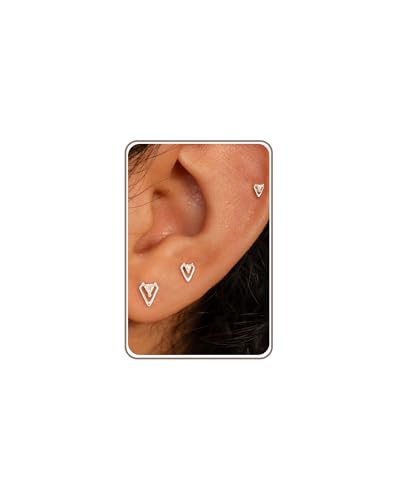 3 Pair Tiny Flat Back Earrings for Women - 14K Gold/White Gold Plated Dainty Cute Small Screw Flatback Stud Earring, Everyday Wear Gift - color: cz triangle silver