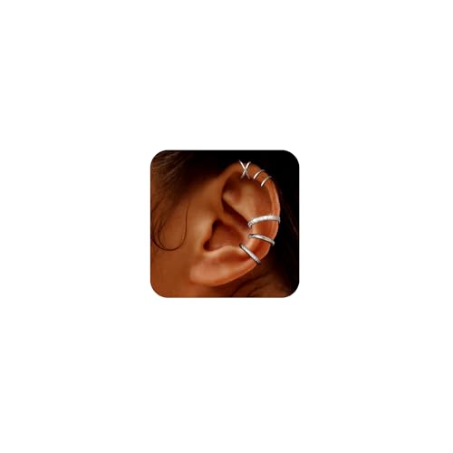5 Pcs Thin Chunky Ear Cuff Earrings for Women 14K Gold Plated Brass Ear Cuffs Non Piercing Trendy Clip on Cartilage Earrings Cubic Zirconia Fake Piercings Earrings Jewelry - color: Style A,Thin Silver
