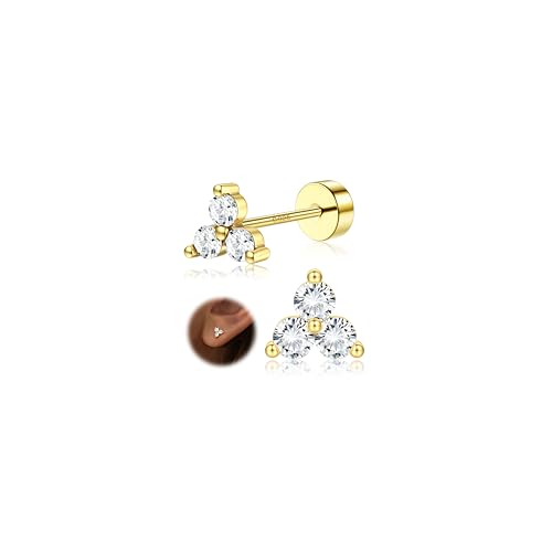925 Sterling Silver Flat Back Stud Earrings for Women Hypoallergenic | 14K Gold Plated Cartilage Earrings for Sensitive Ears | Leaf Flower CZ Helix Tragus Piercing Jewelry - color: Gold-triangle